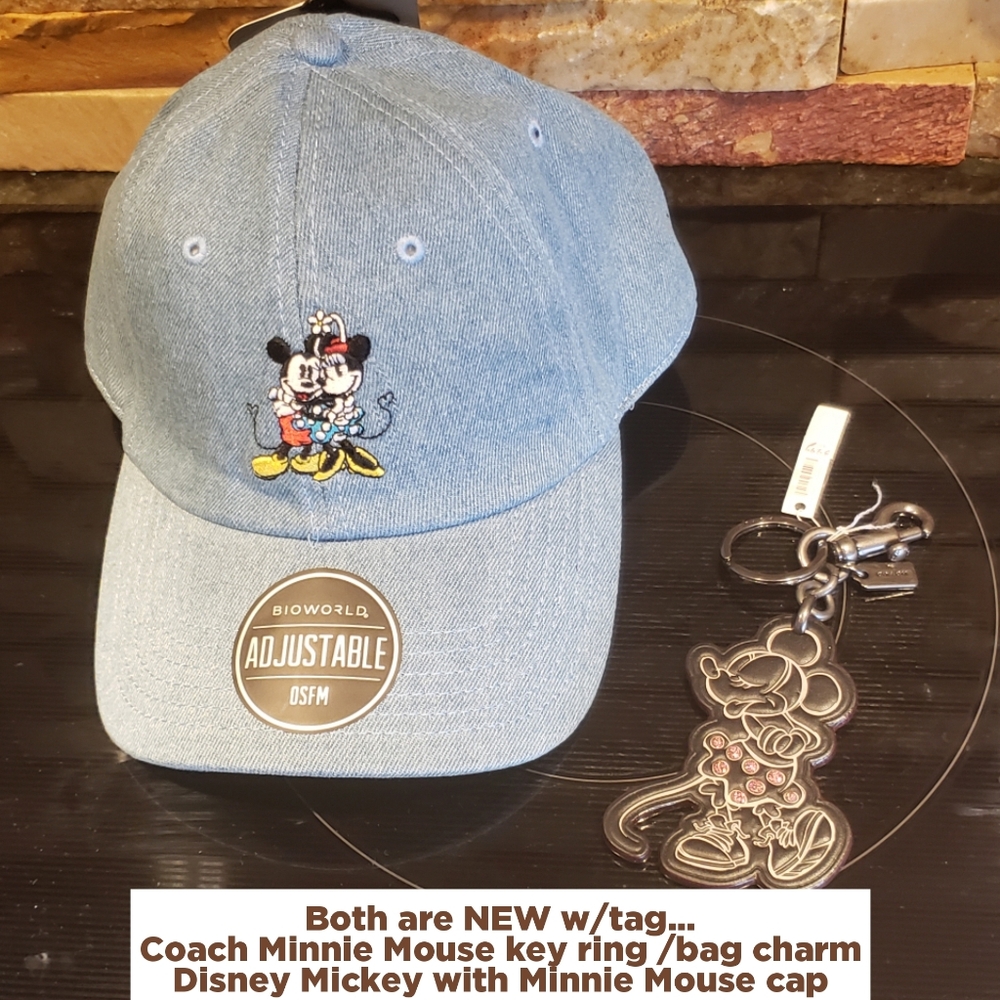 NEW Coach Minnie key ring/charm & Disney Mickey & Minnie cap